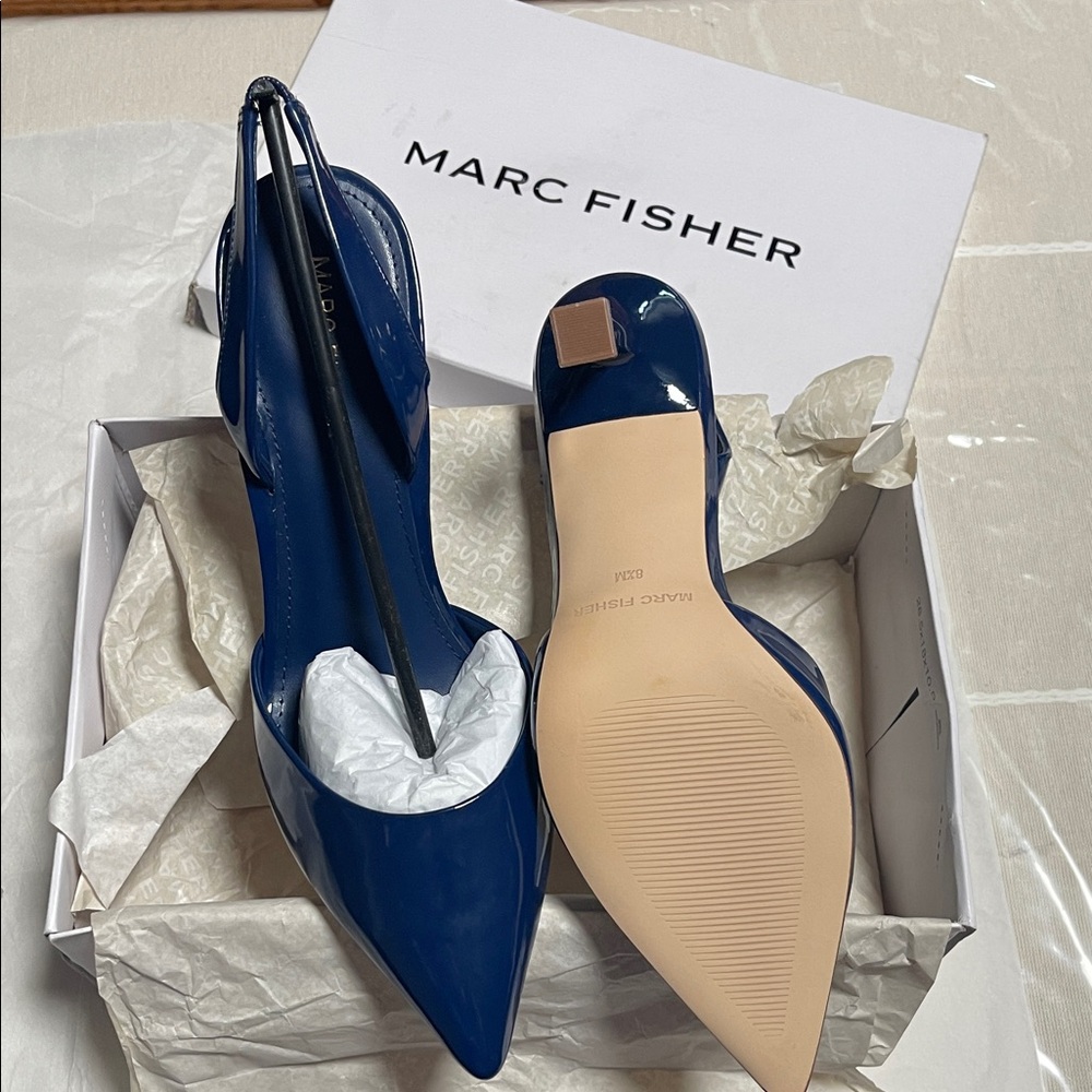 Marc Fisher Navy Patent Pointed-Toe Slingback Heels
